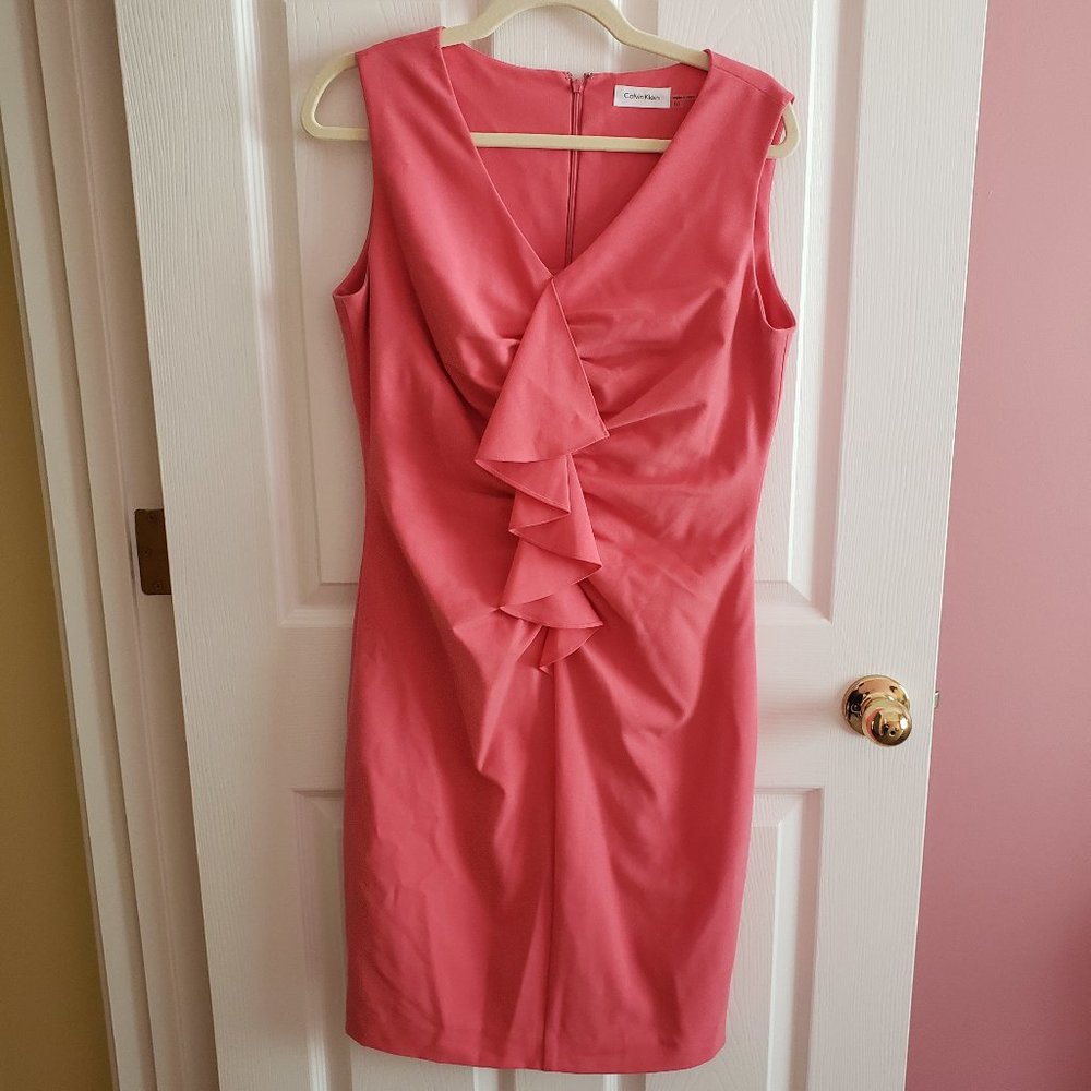 Calvin Klein coral sheath pencil dress ruffles